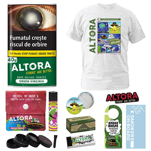 Pachet promotional tutun Altora Green 40g cu foite, filtre si merch Altora (door hanger, insigna, stickere, scrumiera, clipper, grinder) 2nd Edition